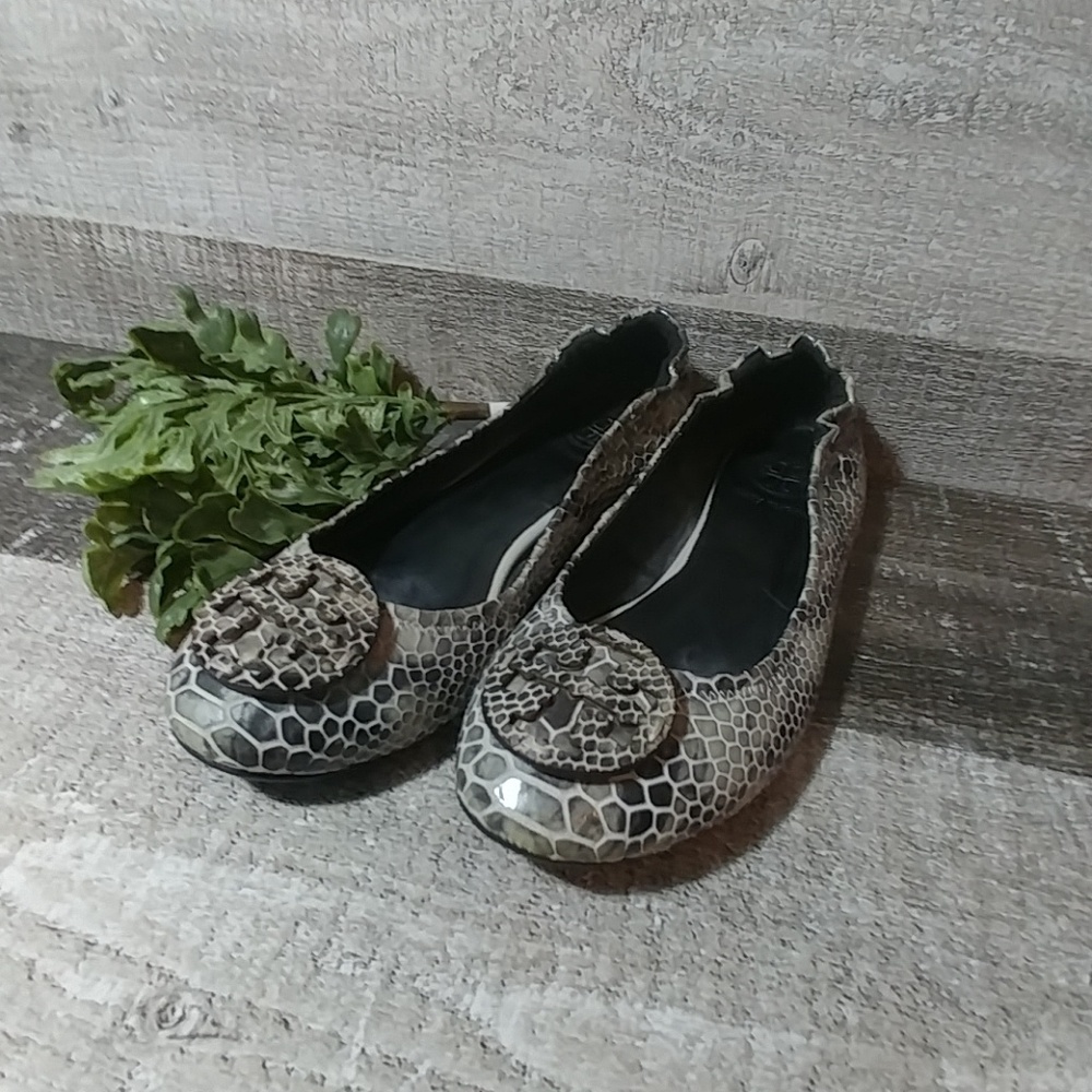 Tori Burch green crocodile ballet flats